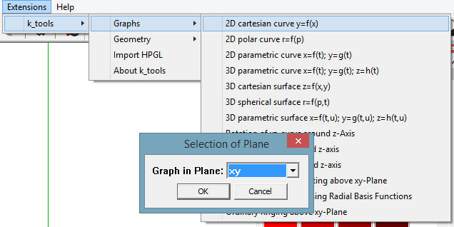 Choose the curve-mode from Menu. In this two dimensional case you first have to select the plane, in which the curve will be drawn. xy-plane means ground. Output will be wrapped in a group.