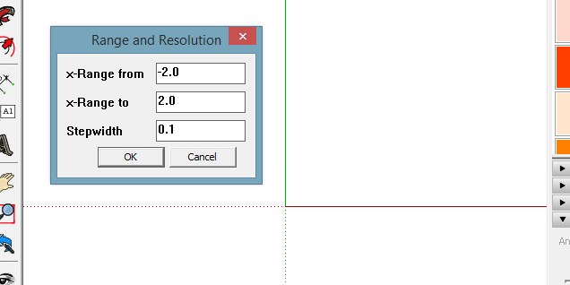 Adjust your drawing range and avoid undefinded points by splitting up ranges. Smaller stepwidth brings higher resolution but increases machine time. Values are either meters or inches depending on the chosen k_tools61-version.