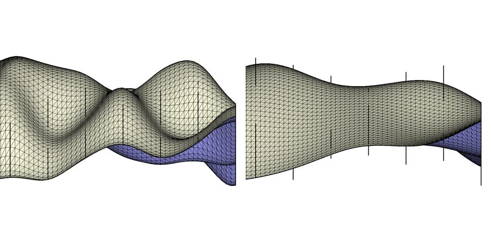 The same pointset kriged with the gaussian model: On the left side interpolation with all points as part of the generated surface, on the right side approximation and smoothing.