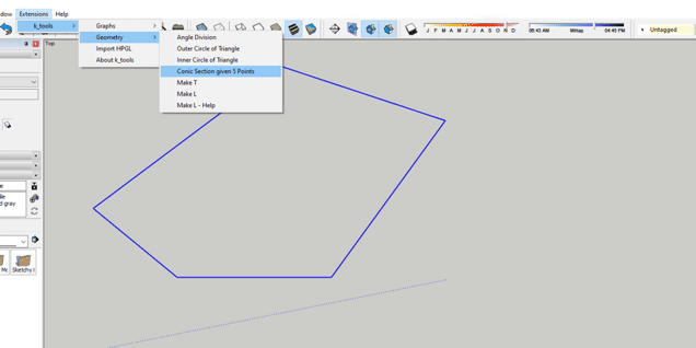 Select menu "Extensions/k_tools/Geometry/Conic Section given 5 Poins" and wait a while.