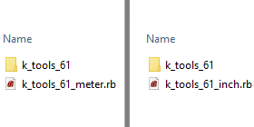 Choose your favourite k_tools_61 version (meter or inch) and unzip it to C:\Users\MYNAME\AppData\Roaming\SketchUp\SketchUp 20xx\SketchUp\Plugins. k_tools_61 only works in english language sketchup versions 2016, .., 2021. I do not know if k_tools_61 runs on apple, I tested it on Windows 10 and ran Firefox.
